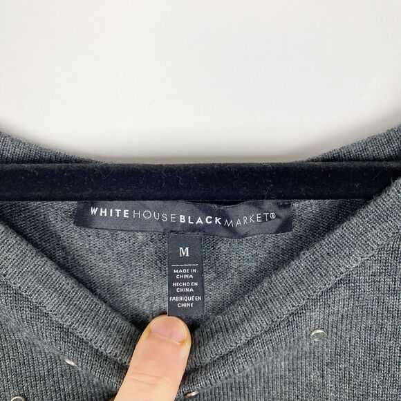 WHITE HOUSE BLACK MARKET Gray Round Neck Crystal‎ Stud 3/4 Sleeve Sweater Size M - Picture 3 of 4